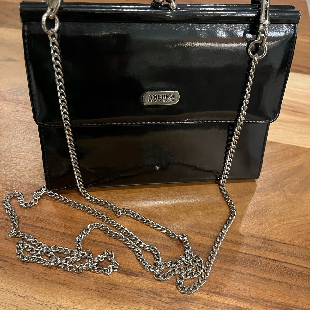 America Perry Ellis Elegant Black Patent Leather Crossbody Bag with Chain Strap